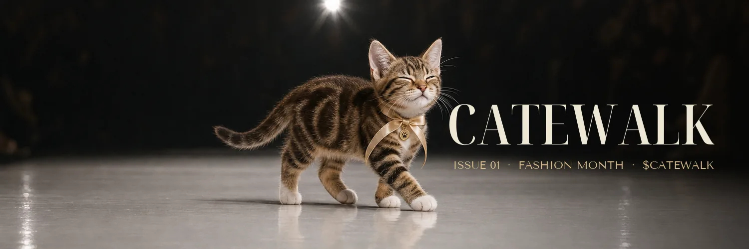 Ninette mid-stride on a glossy runway, camera flashes in the dark crowd, with the Catewalk wordmark