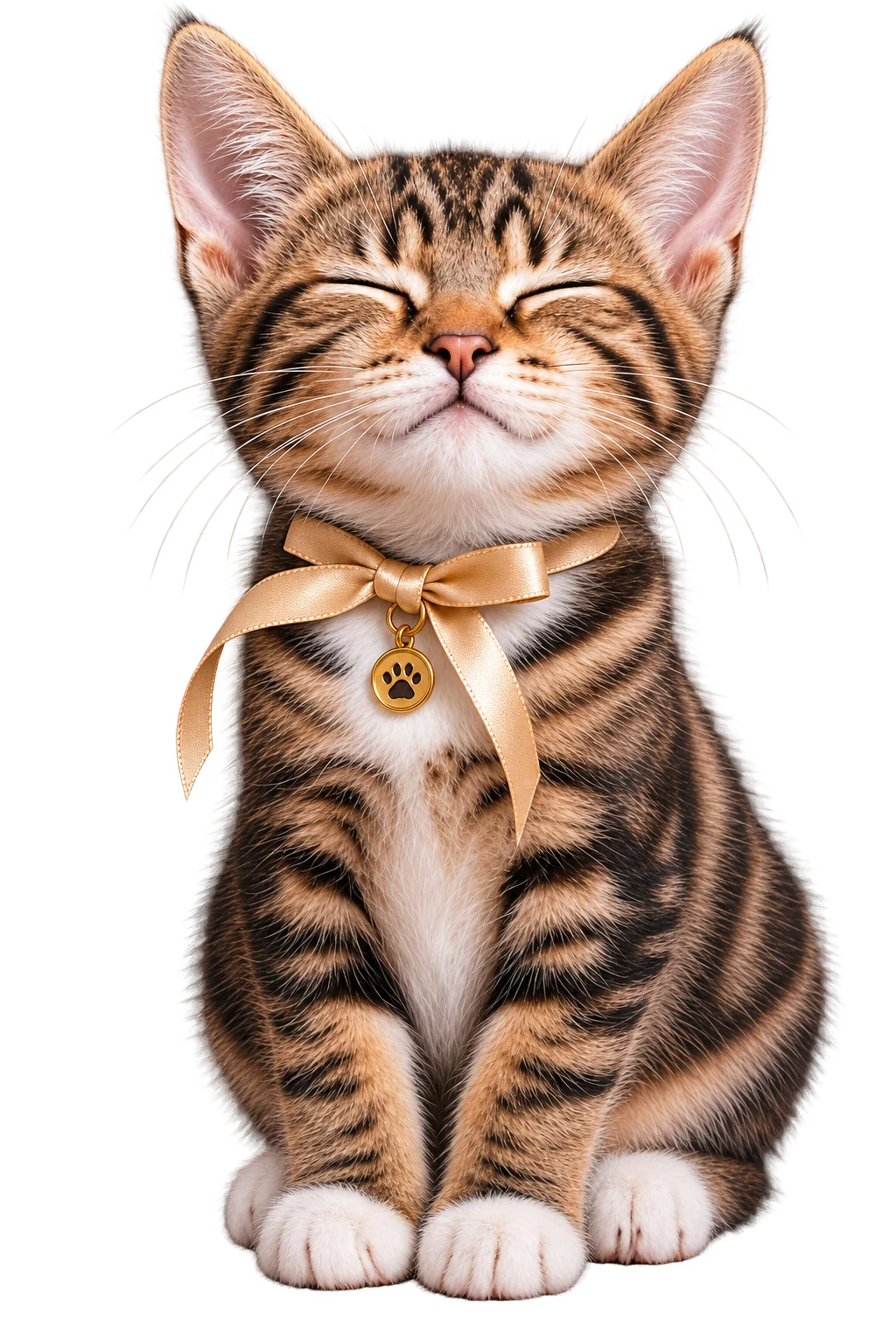Ninette, a tiny honey-gold tabby kitten with a pale-gold ribbon and a paw-print charm, sits with her eyes closed on the cherry-red cover