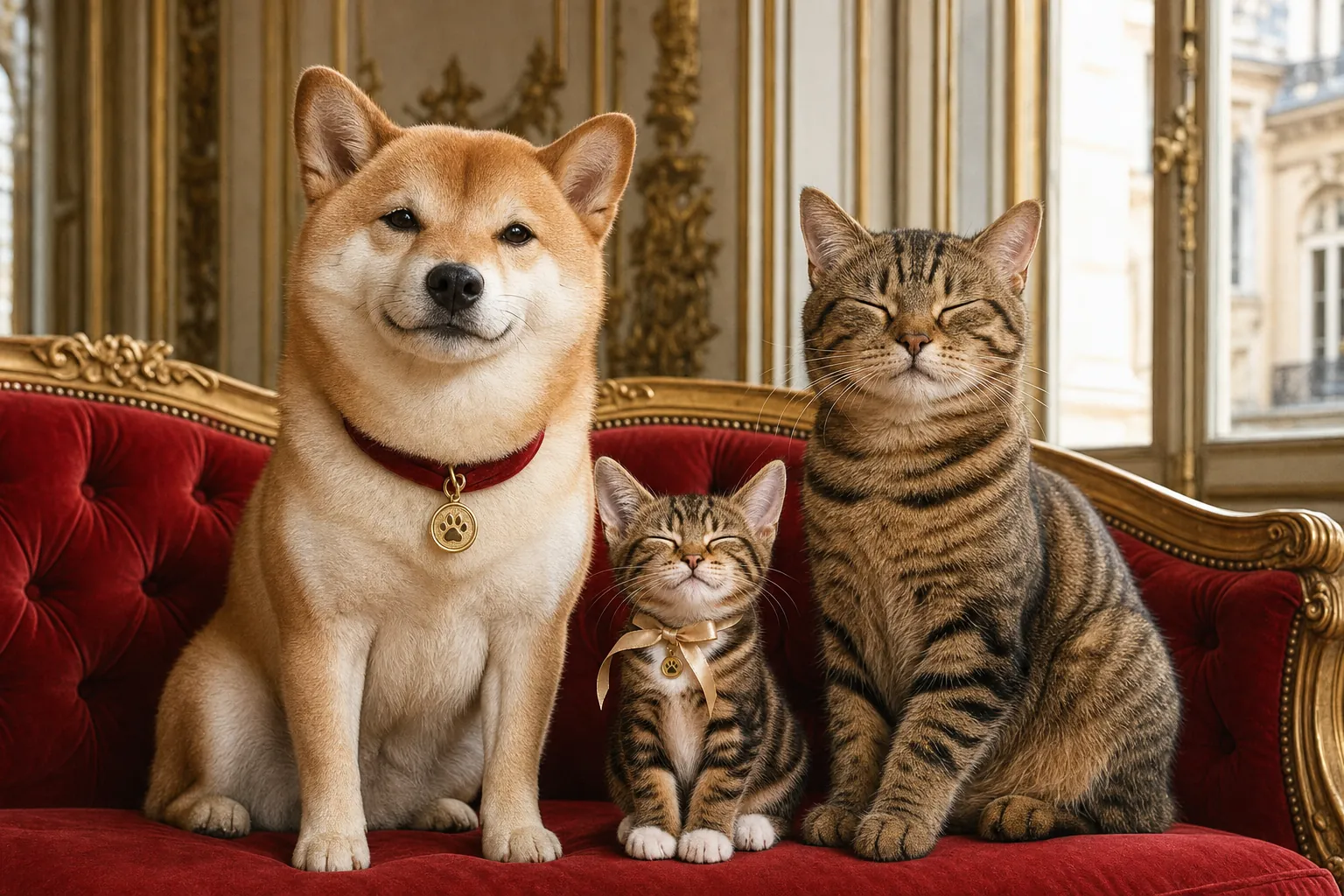 A formal family portrait on a cherry velvet sofa: an elderly shiba inu, tiny Ninette between them, and a grown tabby cat with closed eyes