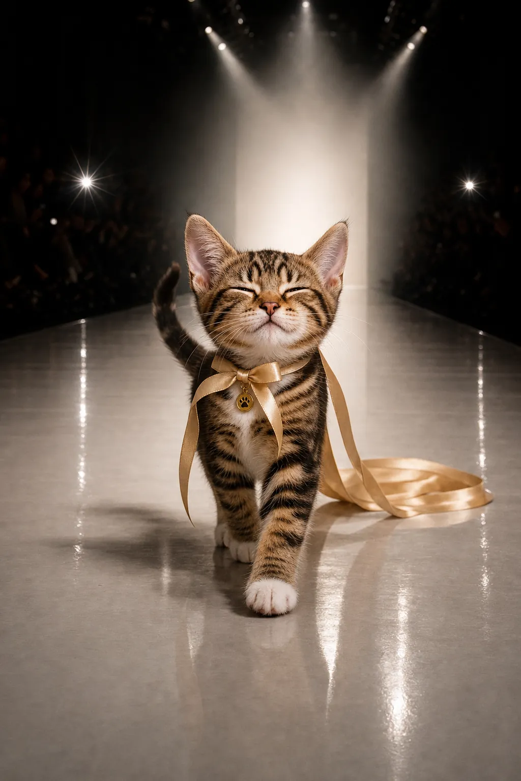 Look 01: Ninette walks toward the camera trailing a very long gold ribbon like a train