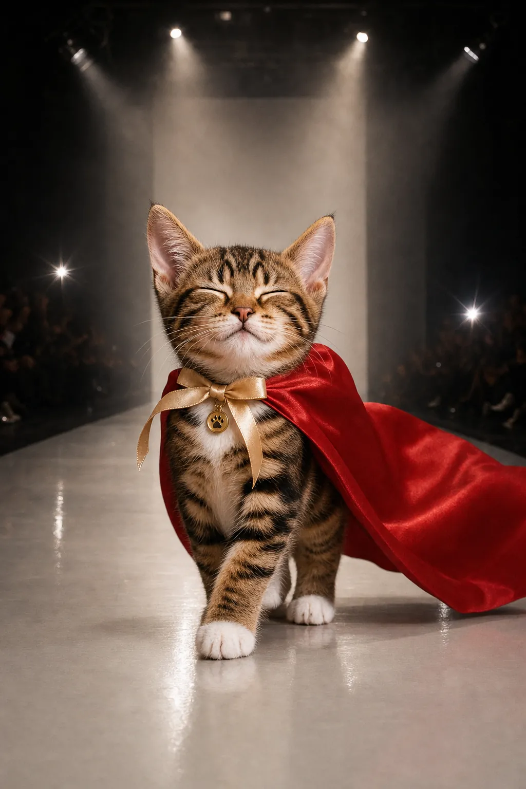 Look 07: Ninette in a tiny cherry-red satin cape that floats behind her
