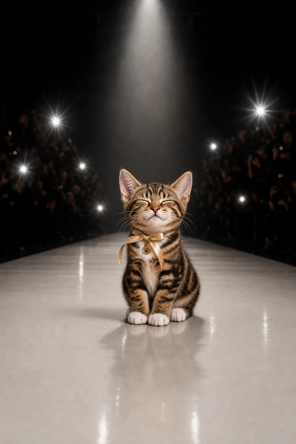 Look 09, the finale: Ninette sits at the end of the runway, eyes closed, as dozens of flashes go off