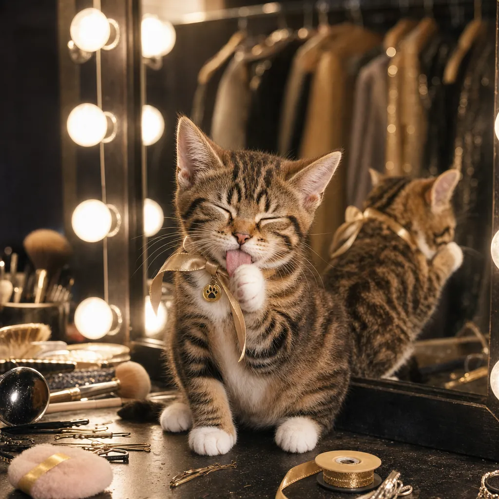 Ninette grooming her white paw in front of a backstage mirror framed with bulbs