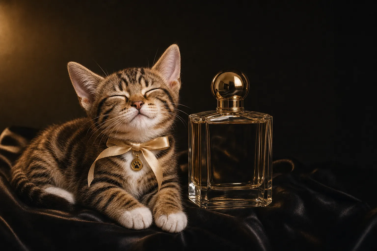 Perfume advertisement: Ninette lies on black satin beside a faceted glass bottle with a gold cap