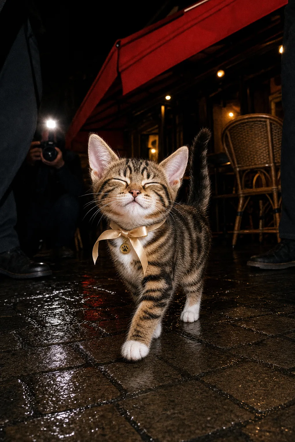 Flash-lit night street-style photo of Ninette walking on wet Paris cobblestones past a café