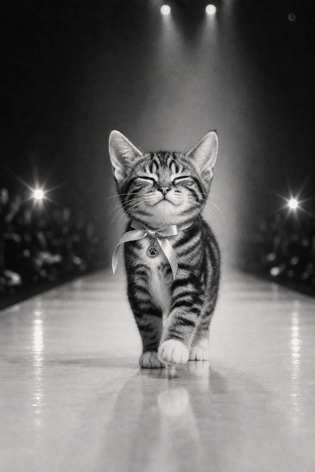 Black-and-white photograph of Ninette walking straight toward the camera down the runway, one paw lifted